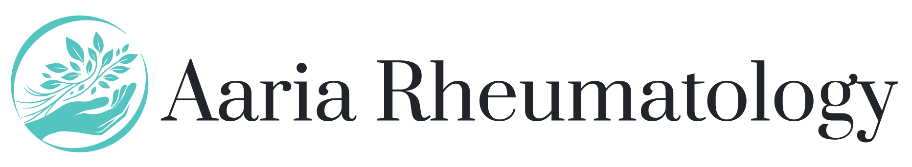 Aaria Rheumatology logo featuring a teal hand cradling leaves, symbolizing healing, growth, and harmony in rheumatology care.
