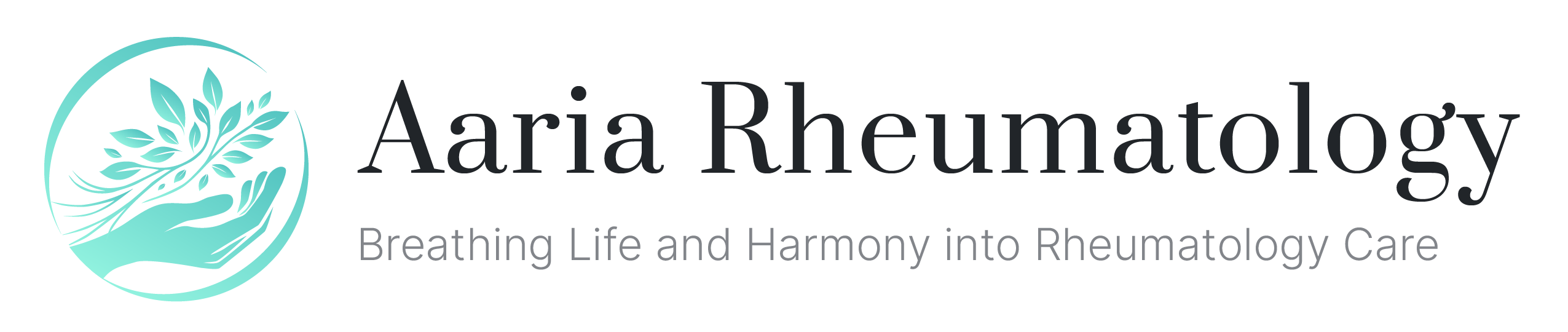 Aaria Rheumatology logo featuring a teal hand cradling leaves, symbolizing healing, growth, and harmony in rheumatology care.