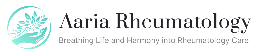 Aaria Rheumatology logo featuring a teal hand cradling leaves, symbolizing healing, growth, and harmony in rheumatology care.