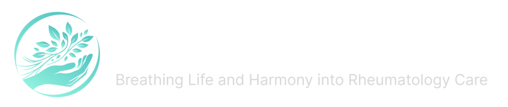 Aaria Rheumatology logo featuring a teal hand cradling leaves, symbolizing healing, growth, and harmony in rheumatology care.