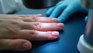 fbba04a1-9c73-4aa8-9300-d1e4448ca29f | Aaria Rheumatology Finger with raynaud's undergoing capillaroscopy