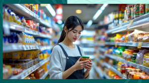 Checking Food Labels for Allergens in Singapore | Aaria Rheumatology Woman reading food label in a supermarket, checking ingredients for allergens.