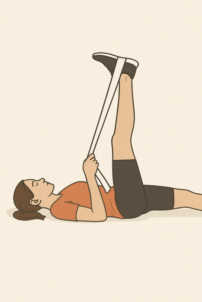 Supine Leg Raise with Strap | Aaria Rheumatology Woman lying on her back using a strap to raise and stretch one leg upward for hamstring flexibility