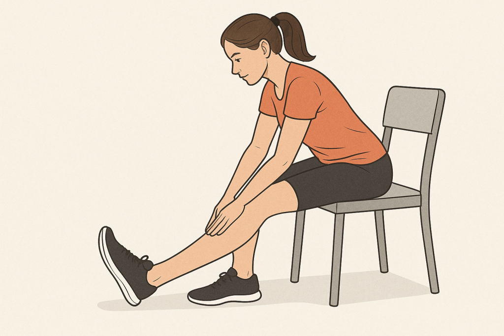 Seated Hamstring Stretch | Aaria Rheumatology Woman performing a seated hamstring stretch on a chair, leaning forward with one leg extended straight.