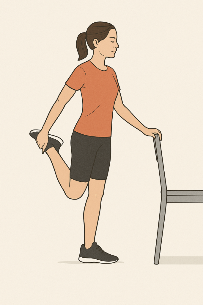Standing Quadriceps Stretch | Aaria Rheumatology Woman holding her ankle behind her body while standing, using a chair for support in a quadriceps stretch.