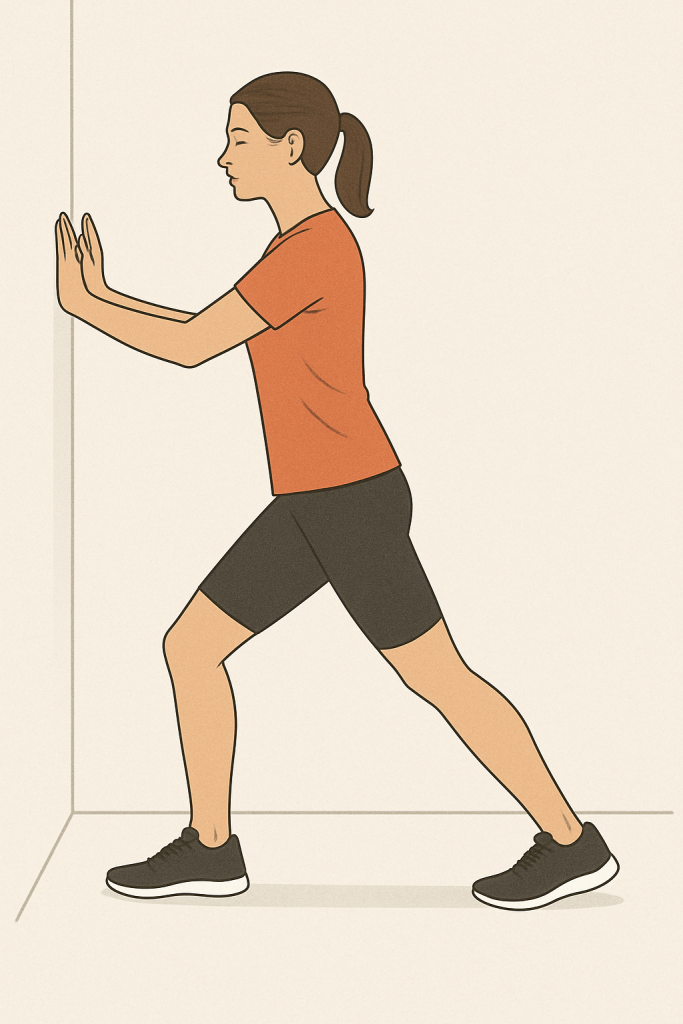 Wall Calf Stretch | Aaria Rheumatology Woman leaning against a wall while stretching her calf, with one leg extended backward and both heels grounded.