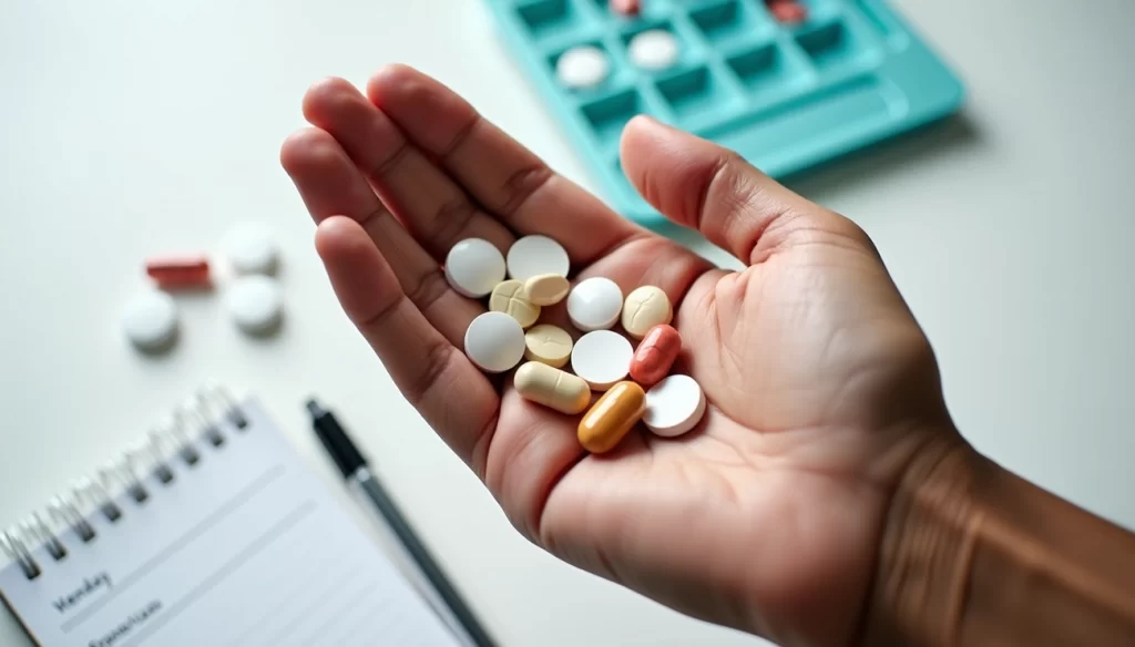 Hand holding a variety of prescription pills with a pill organizer and notepad in the background, illustrating SLE medication management.