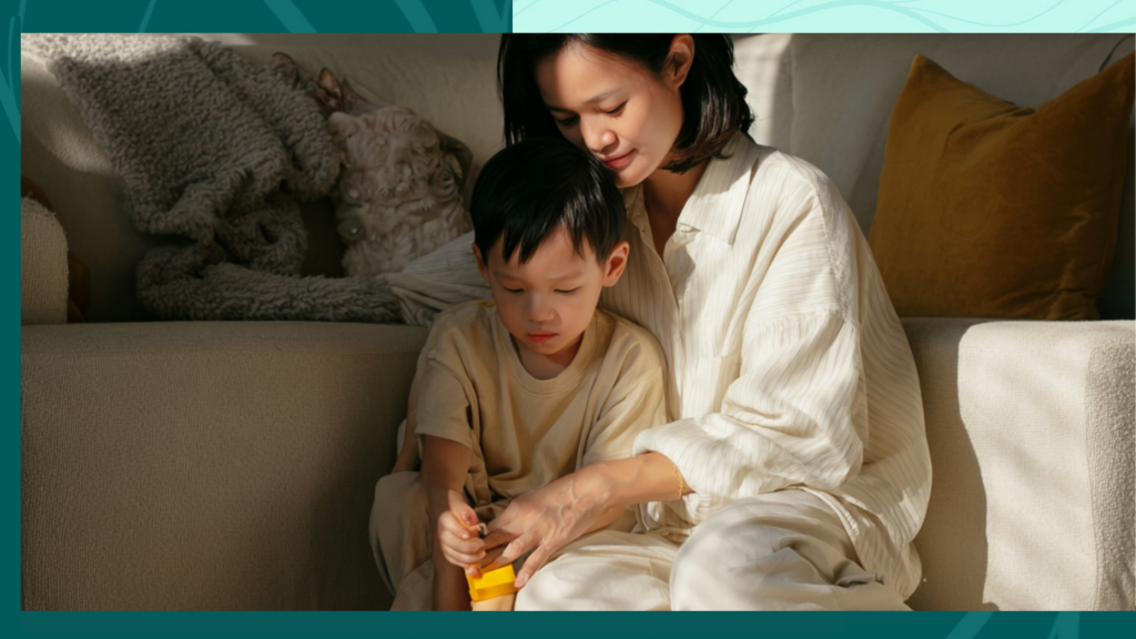 Mother with autoimmune disease spending time with young child at home, balancing parenting and self-care