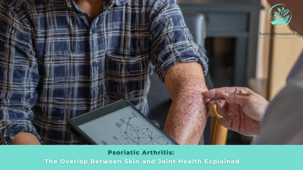 Doctor examining psoriatic skin lesions on patient’s arm while discussing psoriatic arthritis and its impact on joints