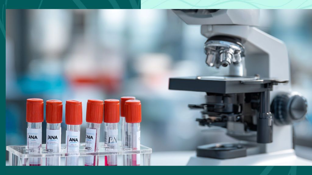 ANA and ENA blood test tubes beside a microscope, representing autoimmune disease diagnostics