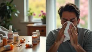 Man sneezing while surrounded by allergy medications on a table, showing signs of antihistamines losing effectiveness