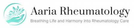 Horizontal Aaria Rheumatology logo featuring a teal hand cradling leaves, symbolizing healing, growth, and harmony in rheumatology care.